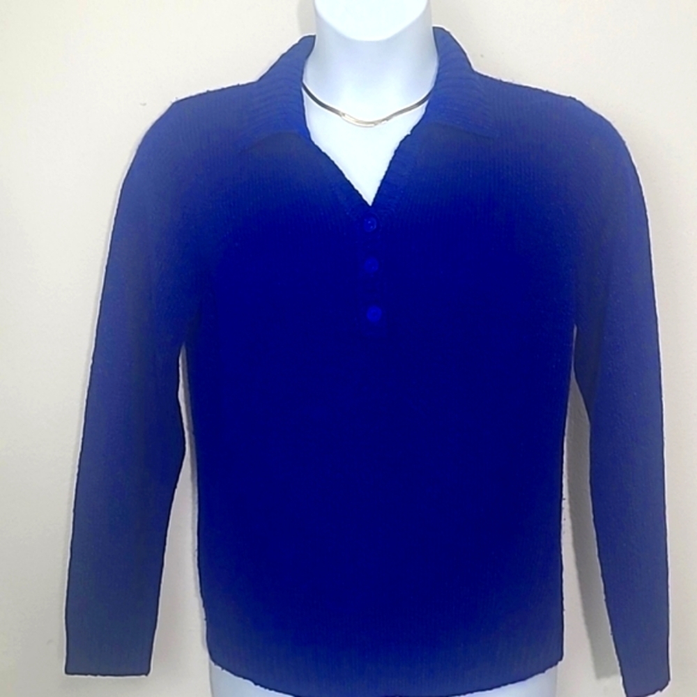 Rebecca Malone Royal Blue V Neck Sweater Collar Button Soft Knit Classic Medium